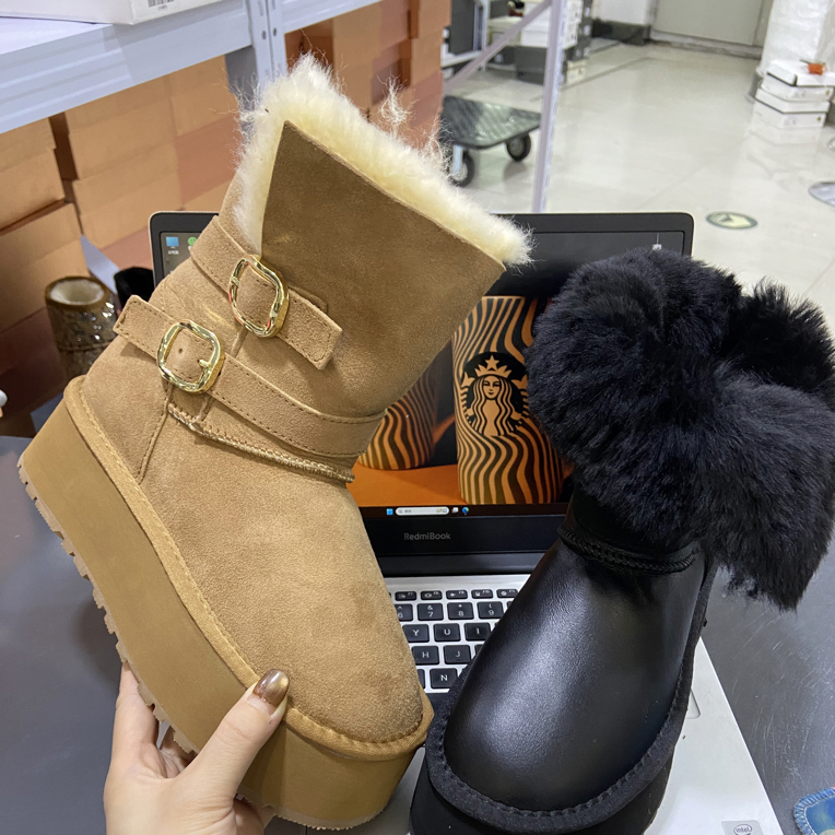 3719 皮毛一体冬季新款厚底增高两穿皮带扣机车女雪地靴保暖防滑