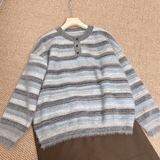 【拉毛】秋冬女款圆领条纹宽松拉毛绵毛衣时尚百搭