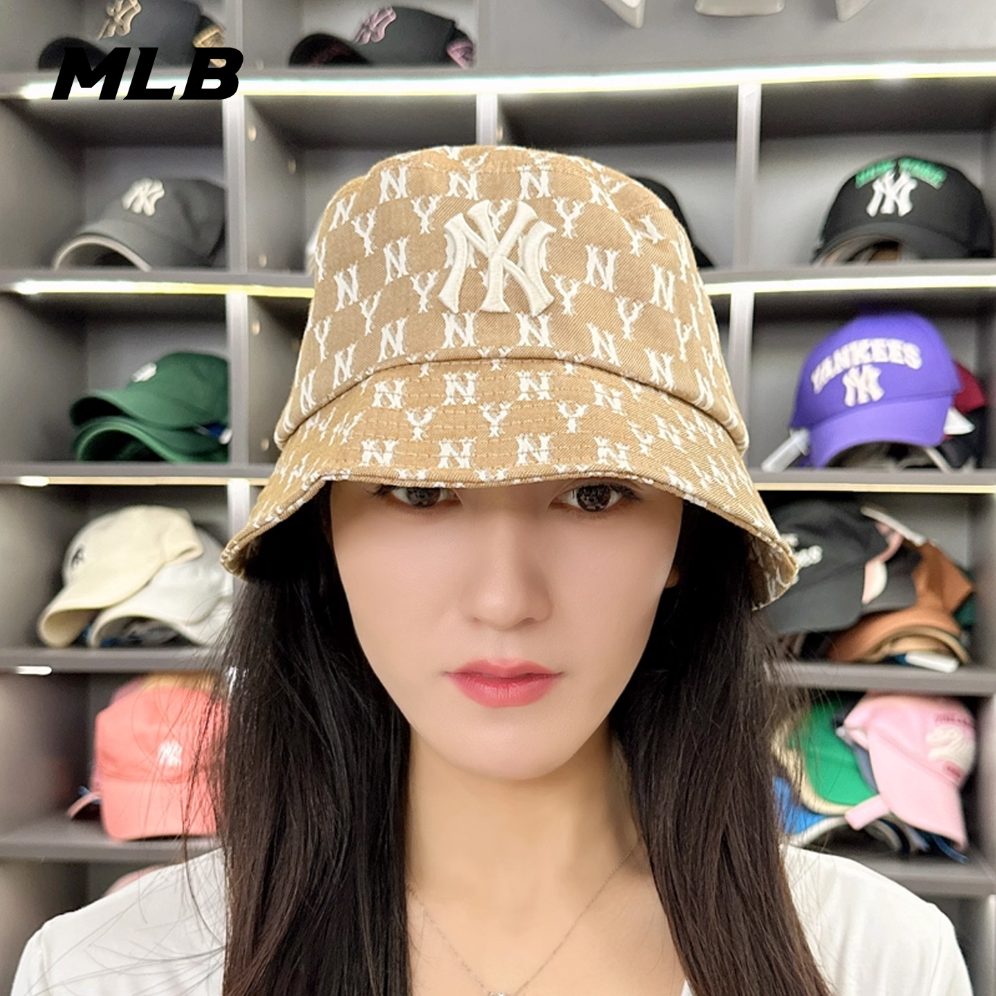 MLB韩国正品男女帽子牛仔老花满标夏运动帽休闲帽情侣渔夫帽盆帽