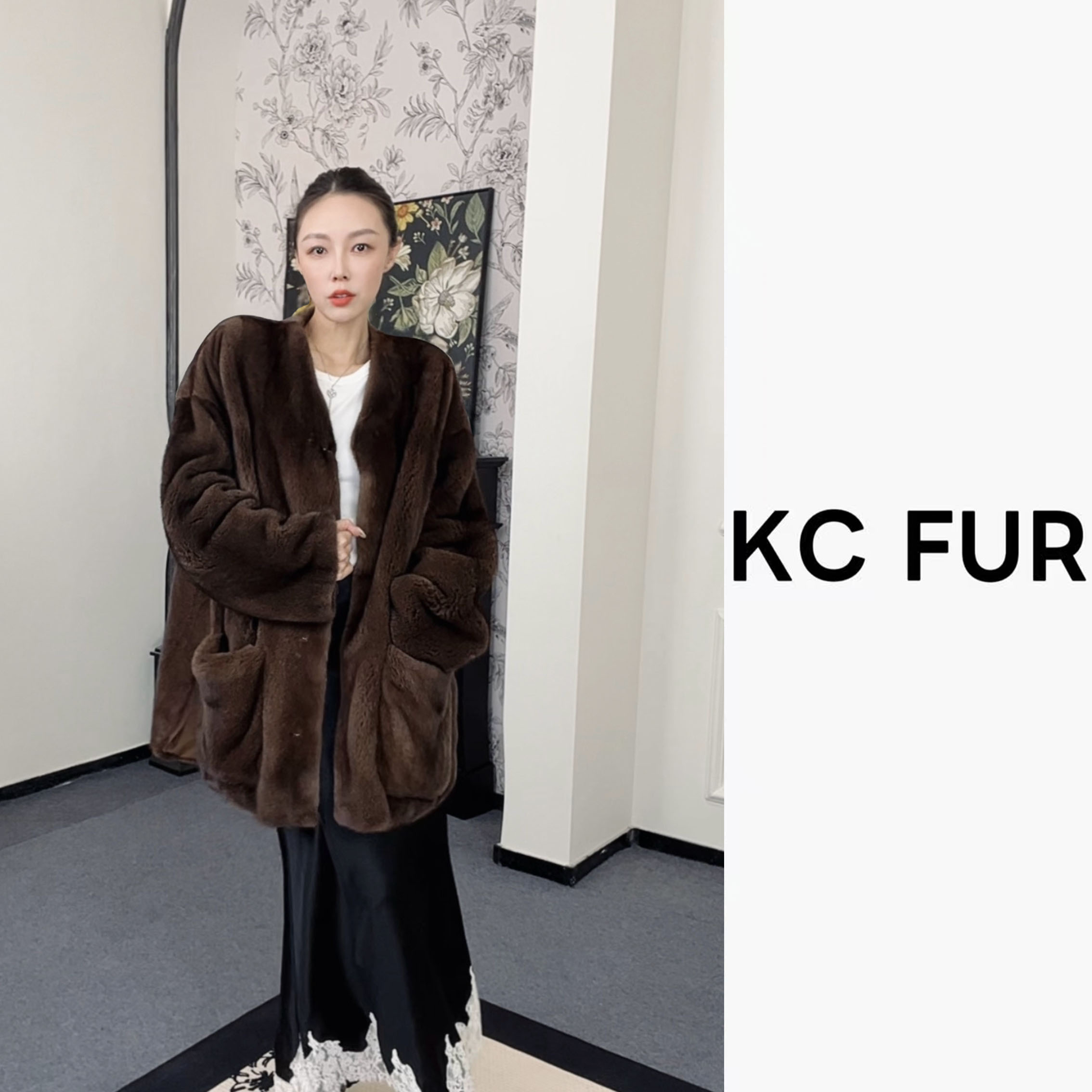 KC【天然皮草】咖啡色V领中长水貂外套85cm-3055