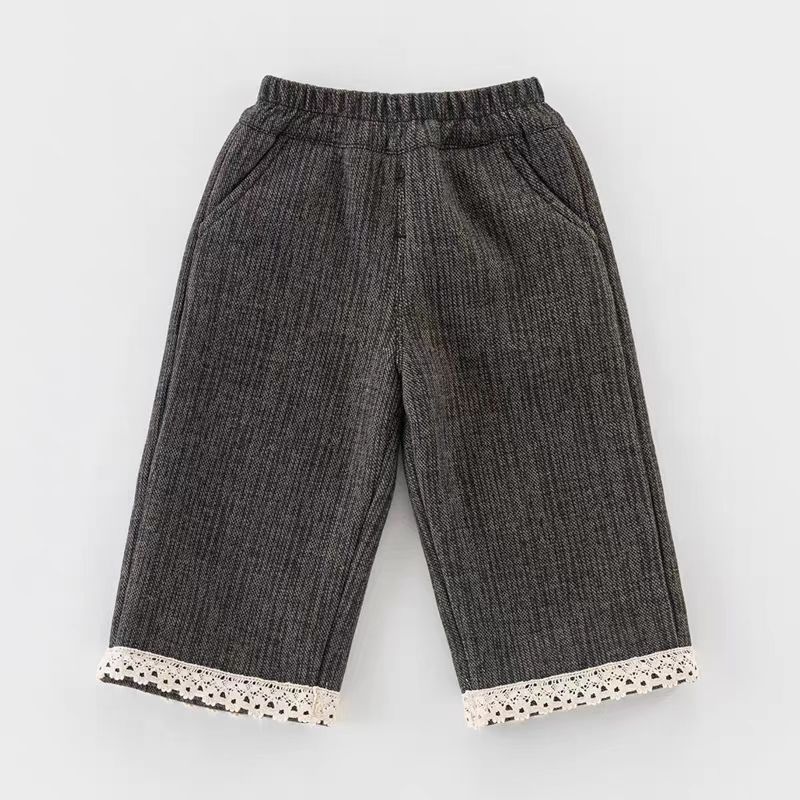 D921女童森系高货阔腿花边灰色加绒裤