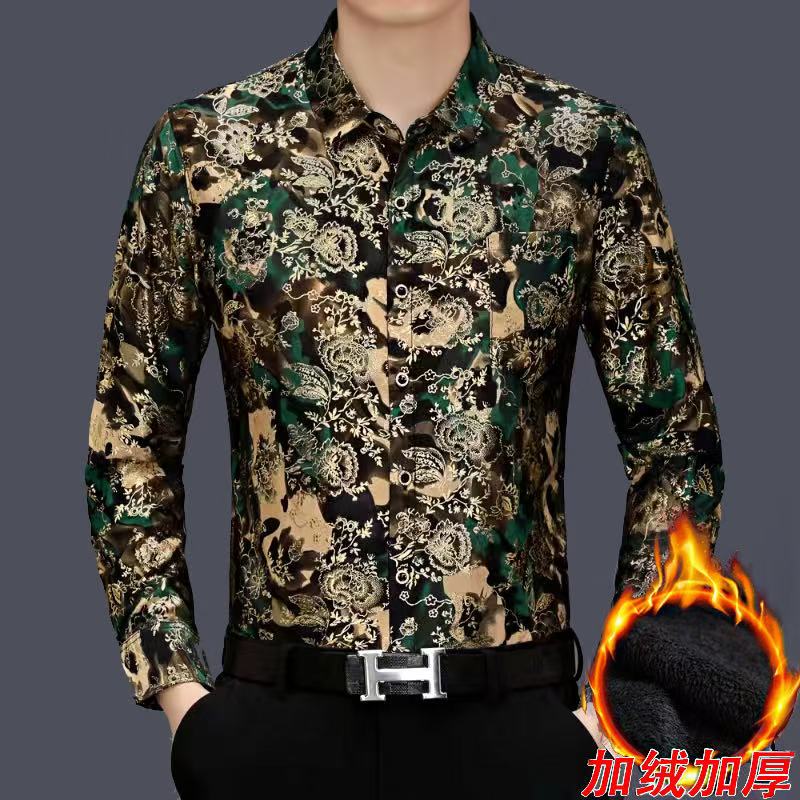 男士秋季新款时尚休闲弹力烫金花衬衫 108#