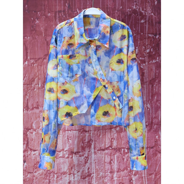 【程二女装】夏季黄蓝混染不规则门襟时尚休闲轻薄小众阔版衬衫8135