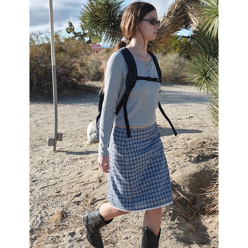 LOW CLASSIC Lc 25早秋新品设计感洋气百搭格纹蕾丝边半裙 SOLSOL