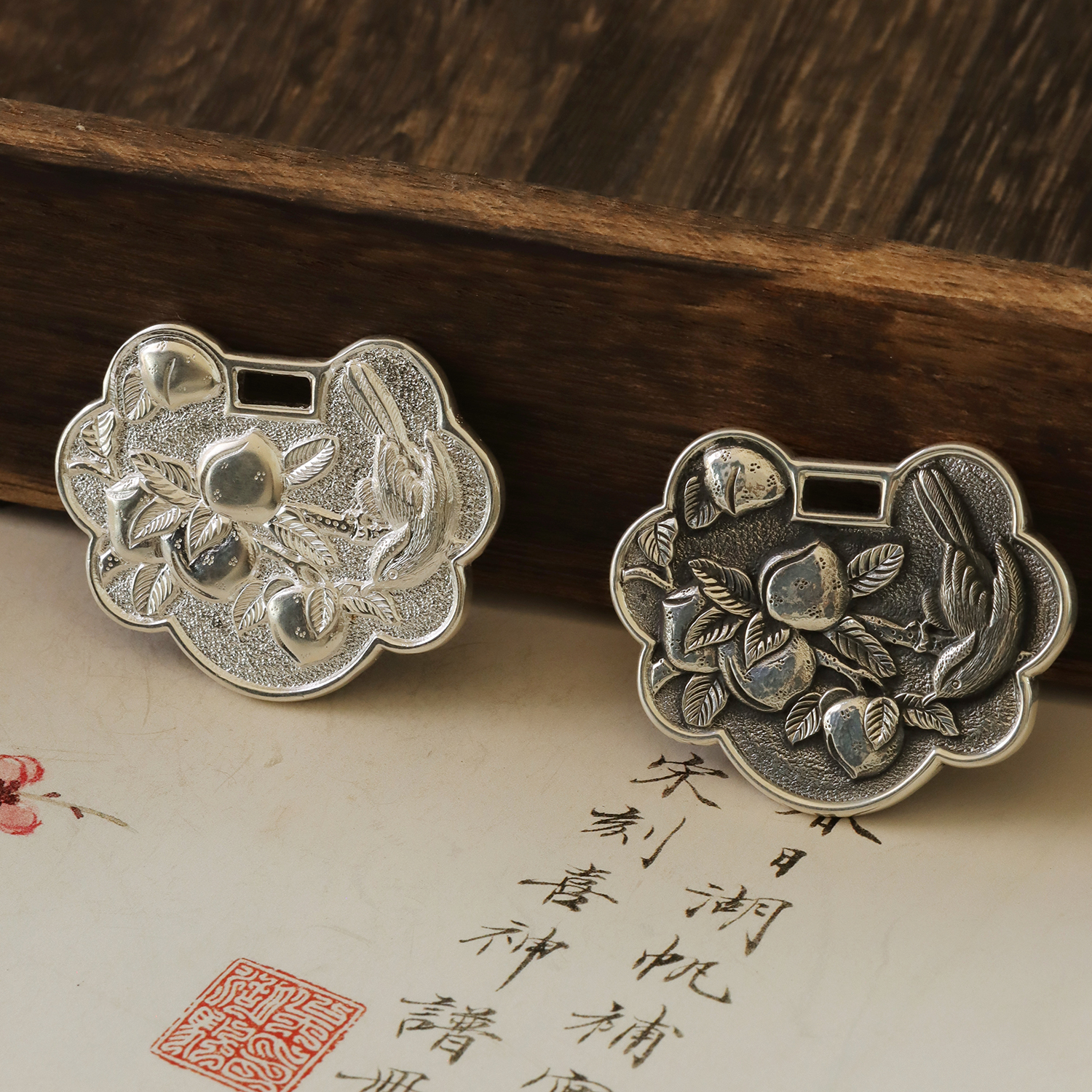 吊坠足银 寿桃富贵足银锁片纯银999吊坠成人如意平安锁老人礼物