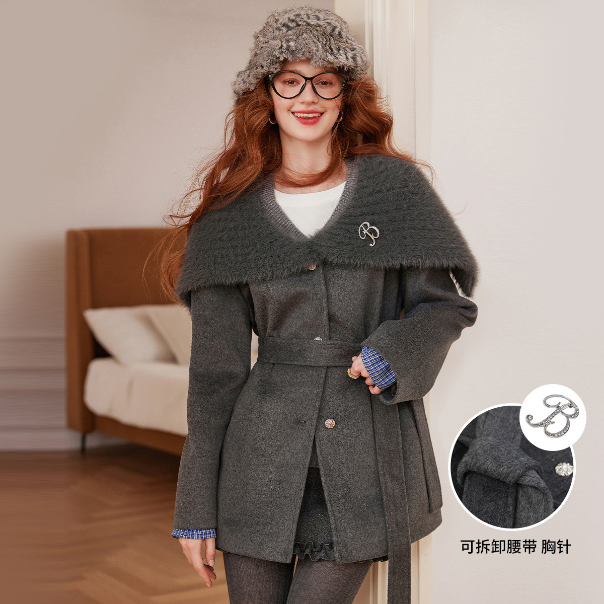 白鹿语秋冬呢料混纺胸针腰带厚款大翻领落肩袖大衣外套WBX20064