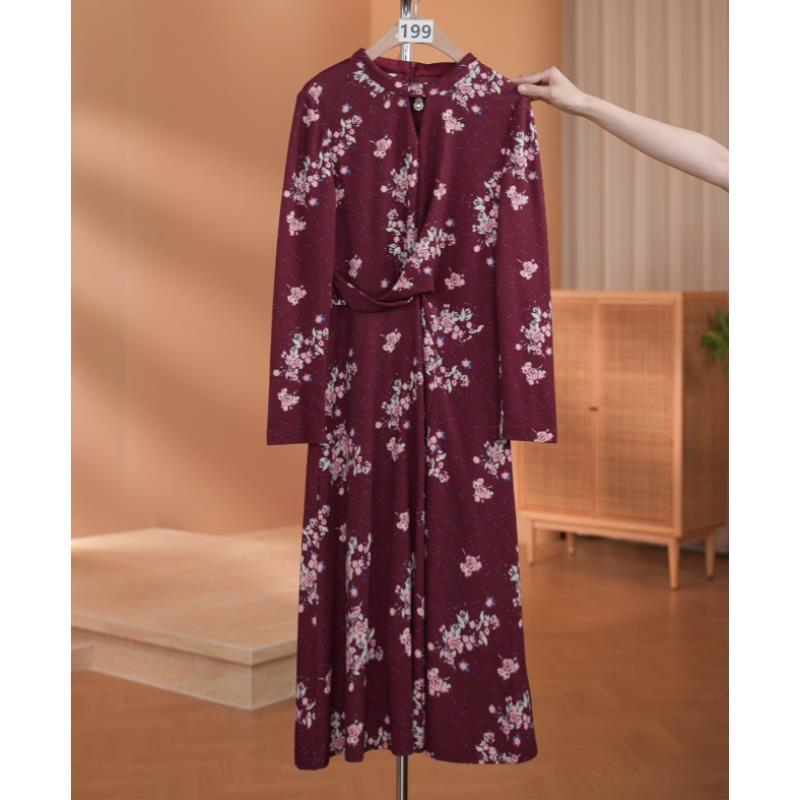 【199】 酒红色碎花气质连衣裙