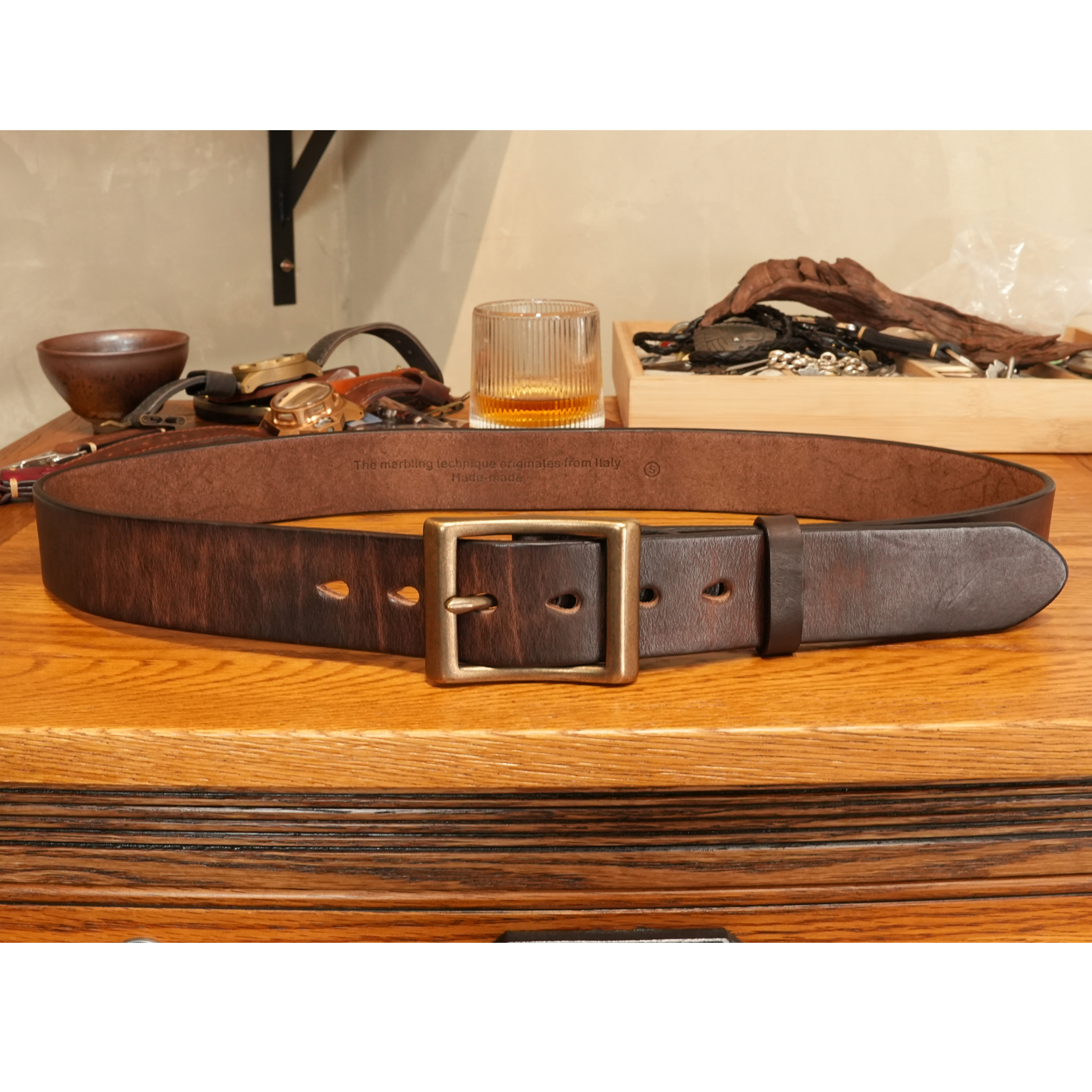 机车小镇复古意大利设计手工水染擦色皮带西部腰带针眼美式日字扣