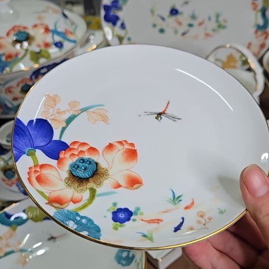 瓷片珐琅彩荷塘6寸6个骨碟66666