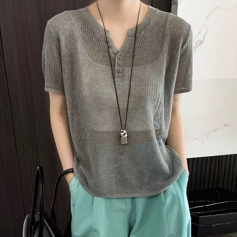 灰色剪刀领百搭夏季和纸纱宽松镂空气质冰感针织上衣