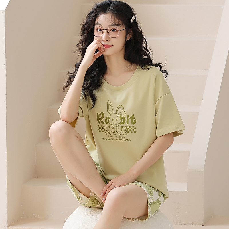 卡之恋睡衣2025夏季女士纯棉薄套头短袖兔子印花短裤家居服套装