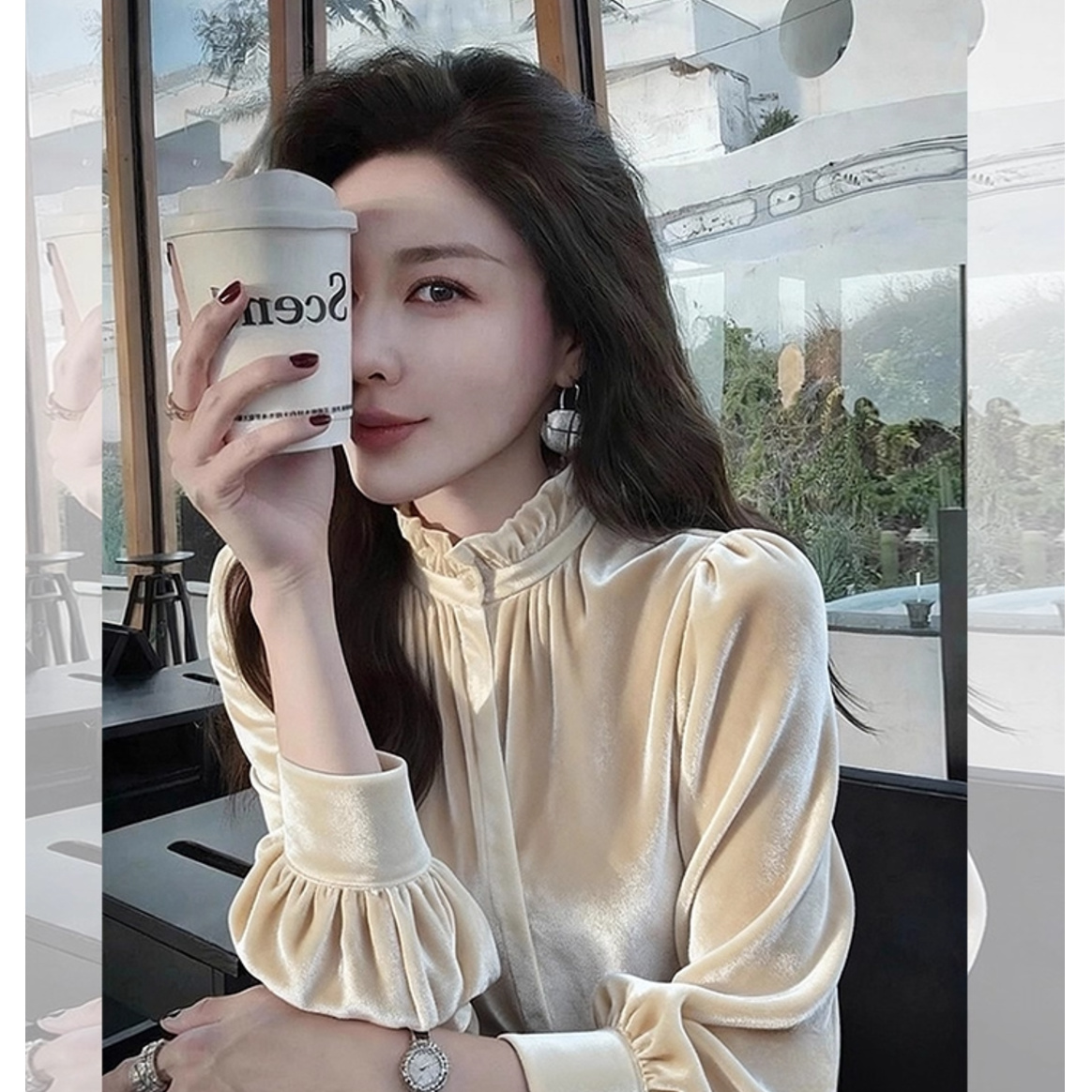 米白色丝绒上衣2025冬季高级感轻奢气质名媛独特漂亮法式小资衬衫