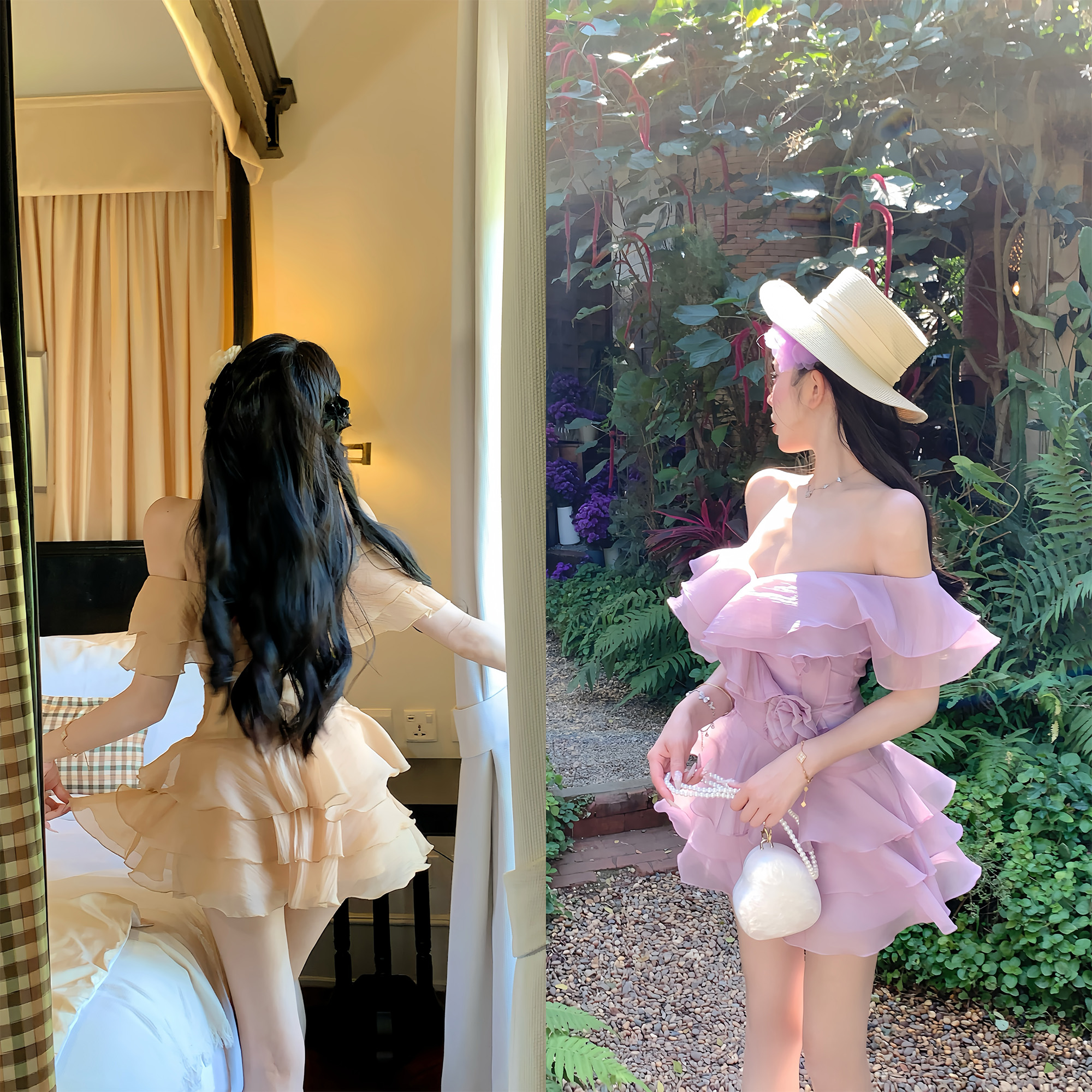 天鹅er 【奔赴花海】2025春季时尚俏皮气一字肩气质穿搭E25Q0129