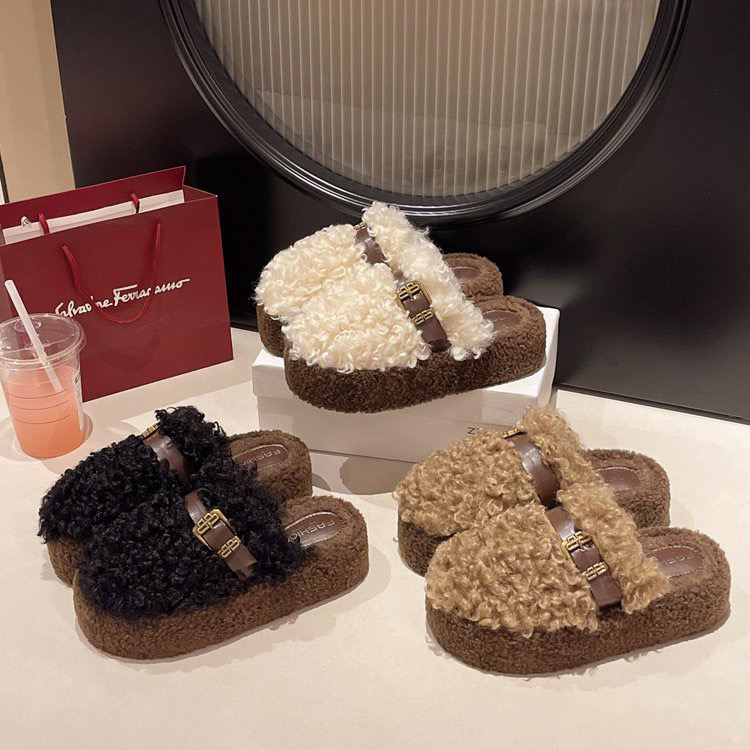 小个子增高松糕厚底包头毛毛拖鞋女秋冬季外穿加绒保暖防滑棉拖