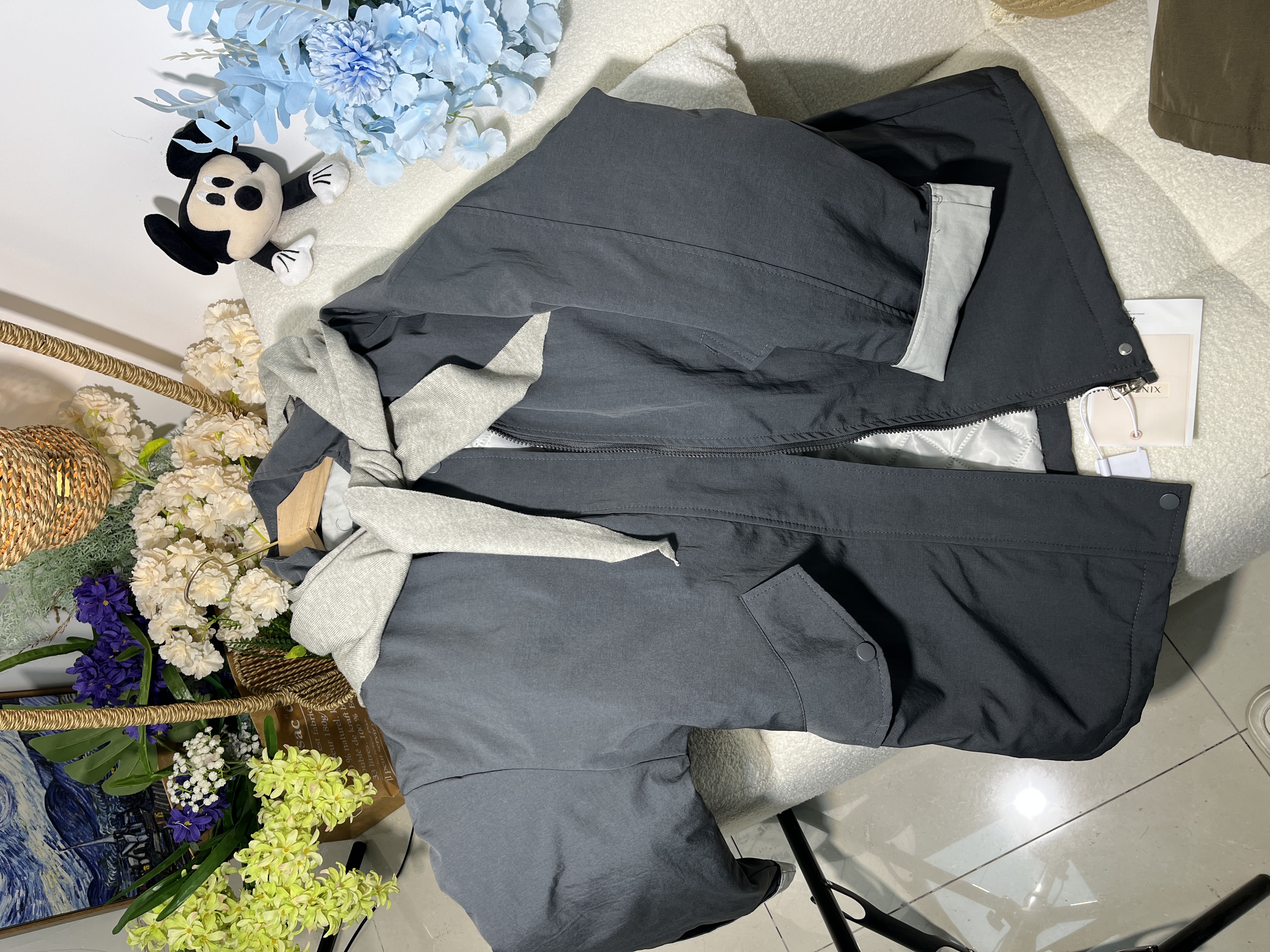 516区25905灰色宽松型中长款立领纯色百搭棉服外套