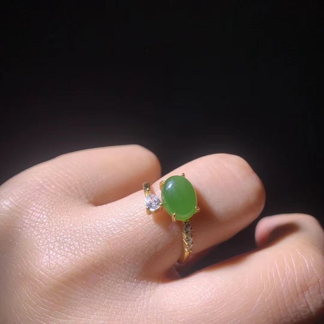 喜儿珠宝碧玉菠菜绿辣绿开口 戒指