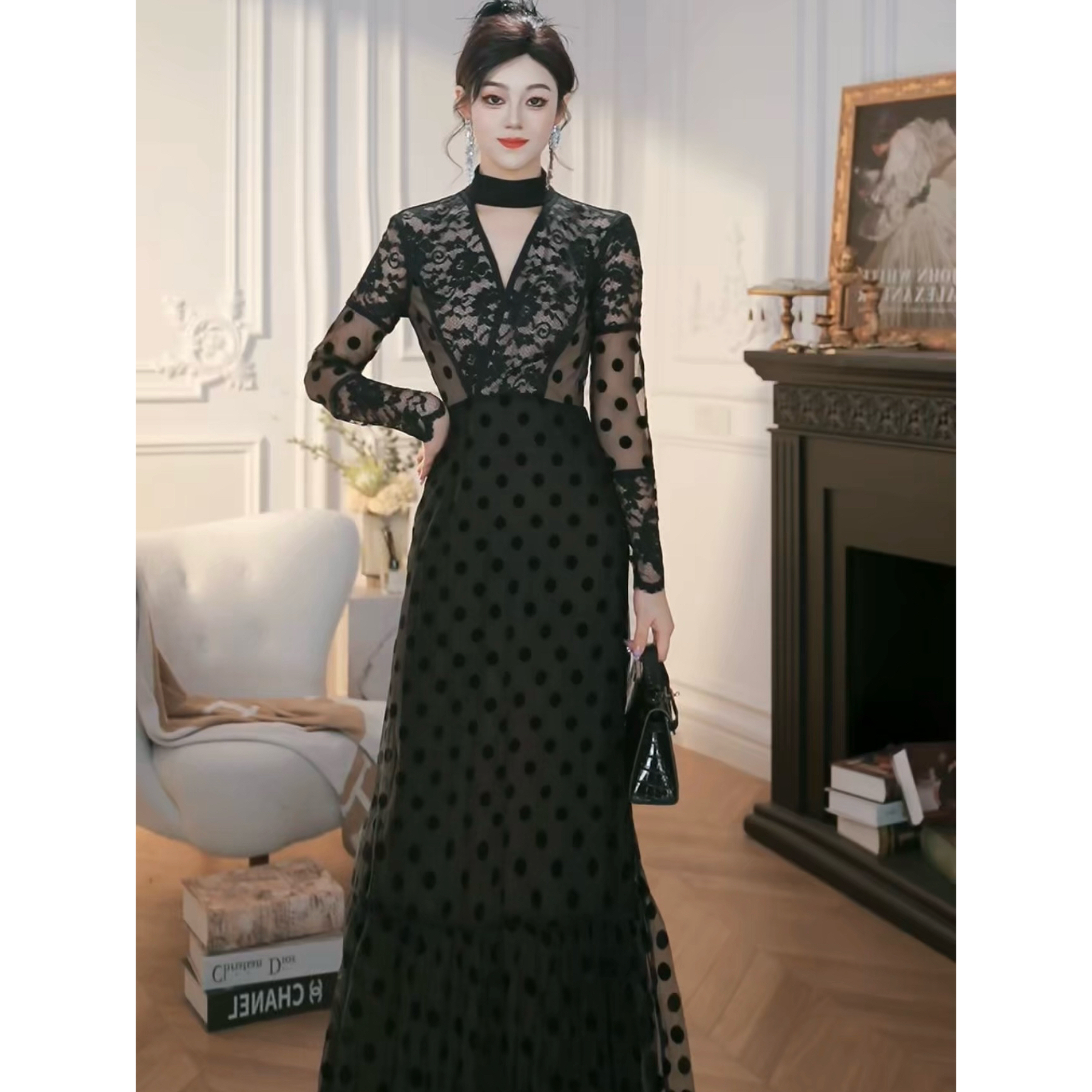 ZHAOMU 轻奢网纱波点长款复古连衣裙