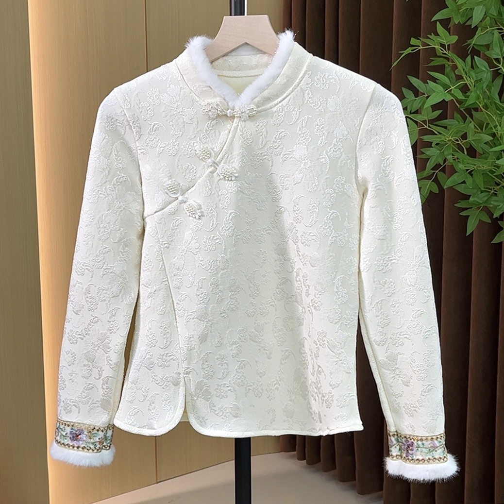 加绒加厚【凝霜】冬季国风提花立领打底衫女内搭长袖t恤女