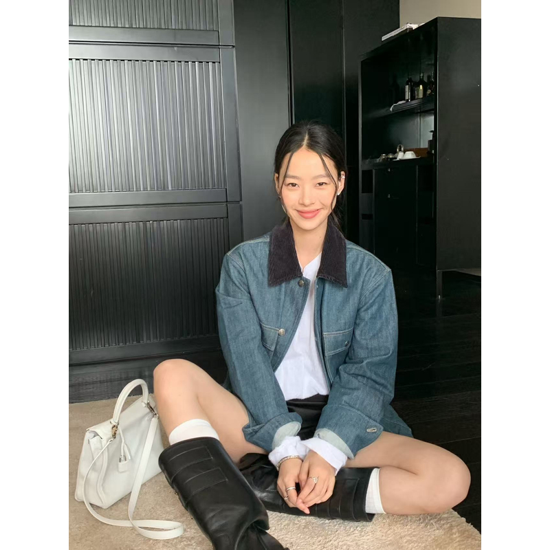 【CC】L家灯芯绒领拼接休闲牛仔衬衫+半裙牛仔