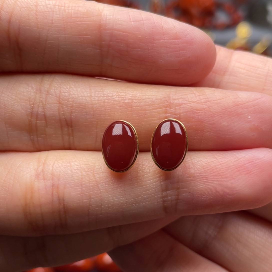 南红玛瑙18K金镶嵌珠宝奇石耳钉