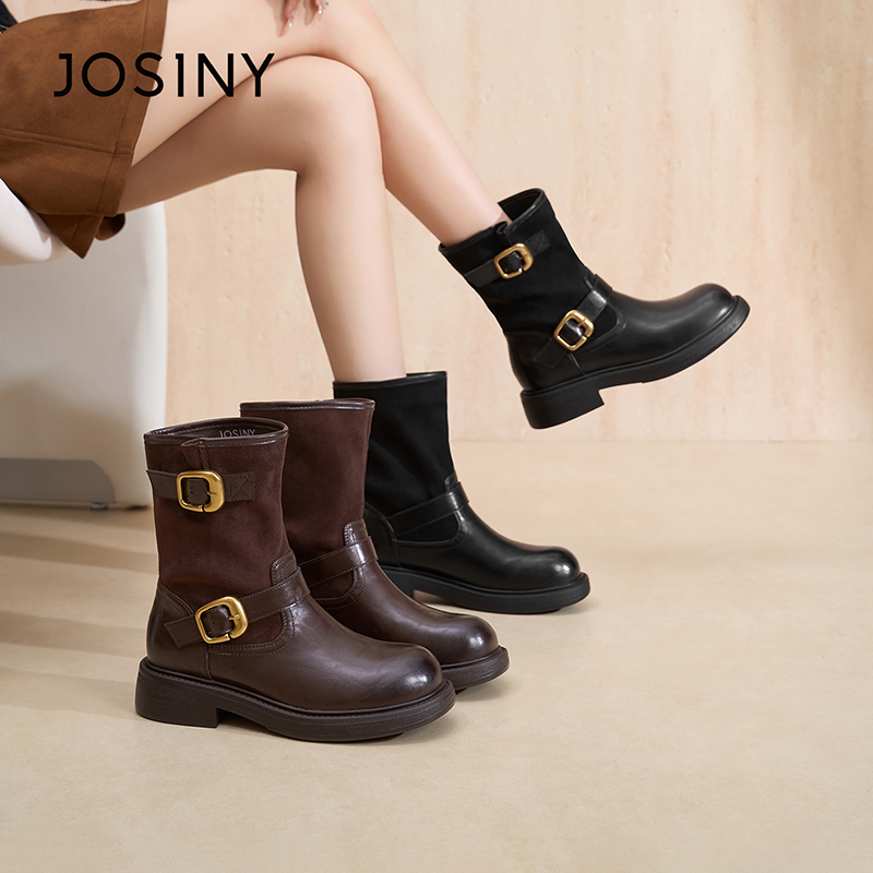 卓诗尼小个子增高粗跟短靴女2025冬季新款圆头一脚蹬软底复古靴子