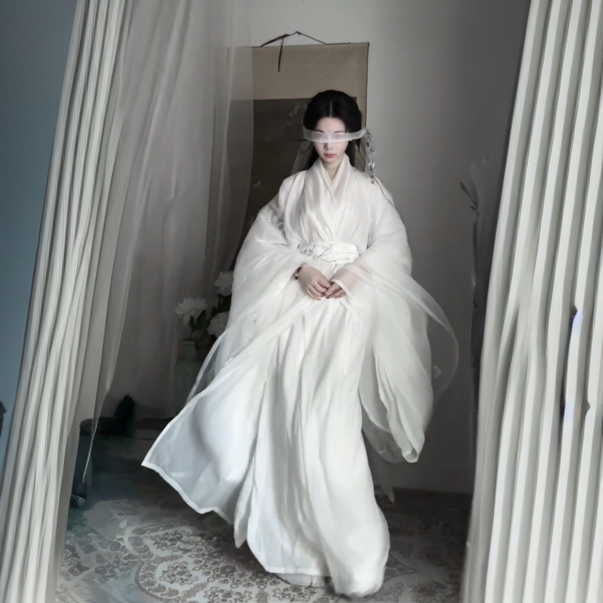 雪梅战国袍套装汉服女白色绣花大袖衫双层交领长衫直裾汉服成人款