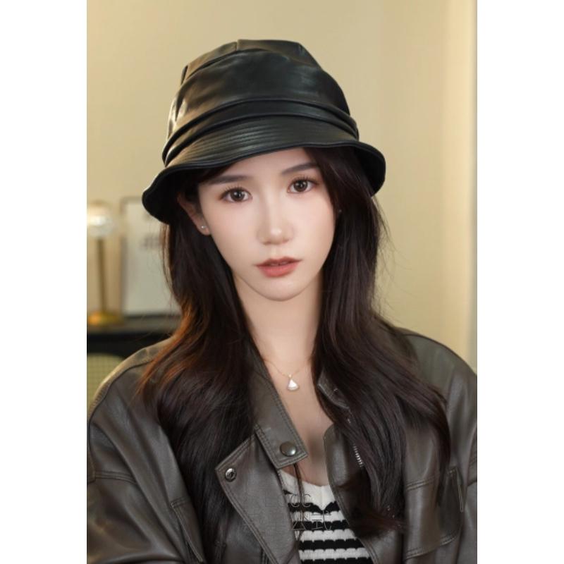 高品质PU皮渔夫帽女秋冬百搭时尚遮阳帽日系防晒帽盆帽水桶帽