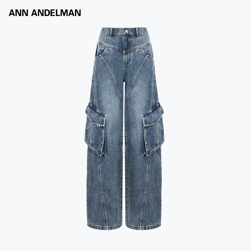 【明星同款】ANN ANDELMAN 深蓝色做旧磨白斜线分割牛仔工装裤