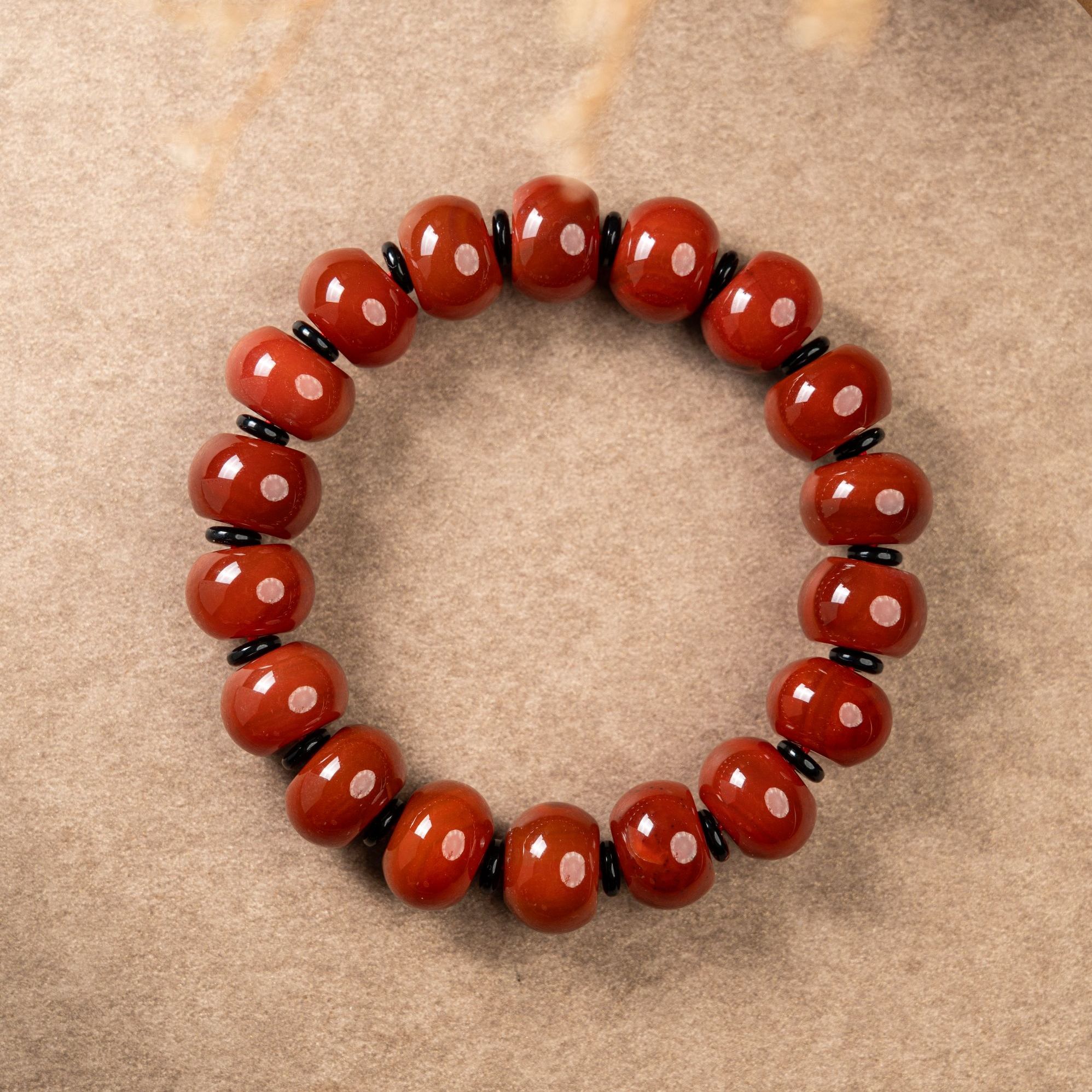 牛血红，14MM瓦西料，算盘珠火焰纹单圈手串