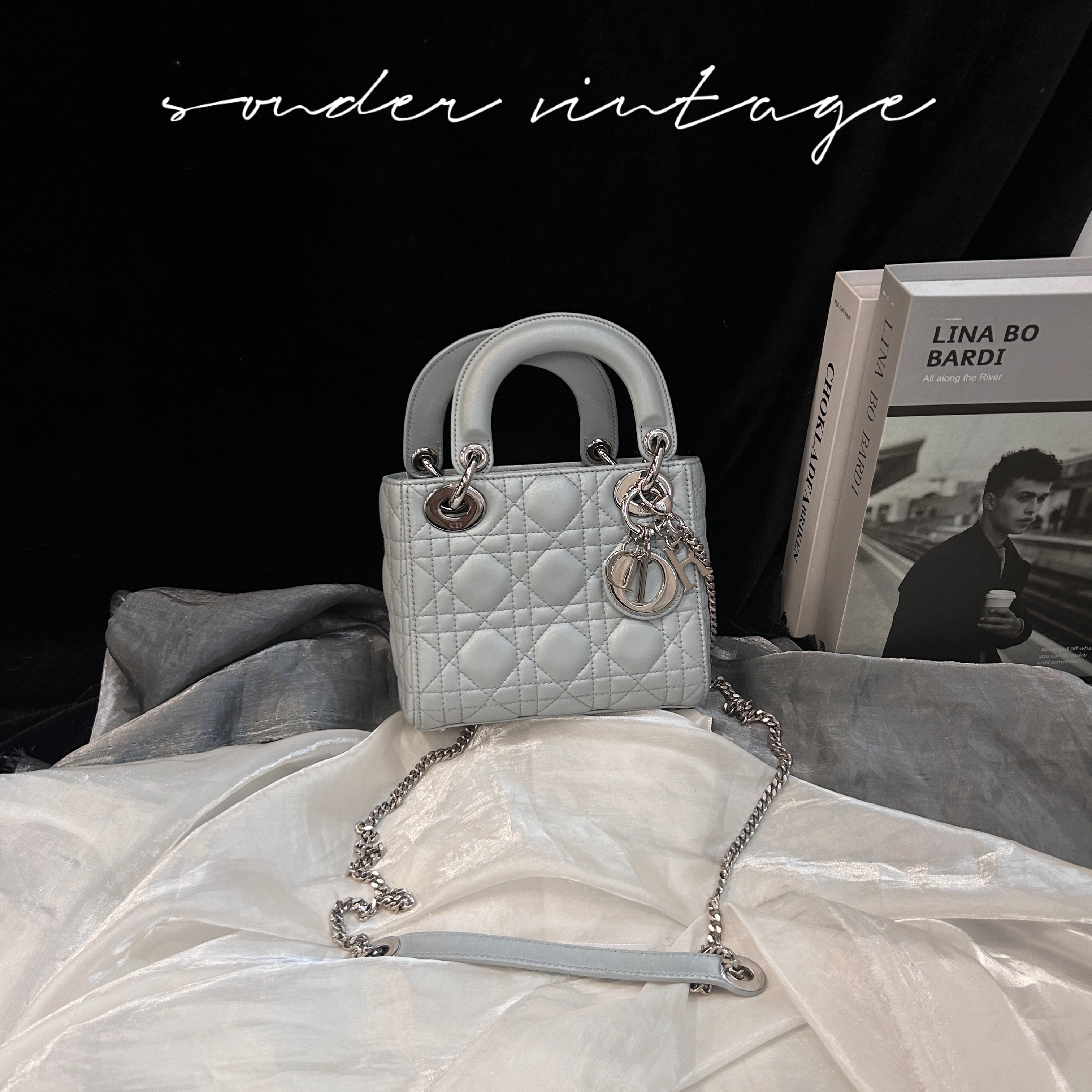95新 DIOR/迪奥 dior三格银灰色科技布戴妃包
