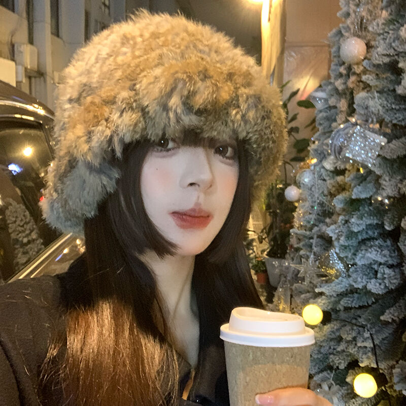韩系兔毛帽子女秋冬加厚保暖防寒毛线帽皮草毛毛护耳帽毛绒渔夫帽
