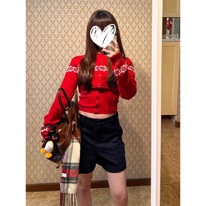 费尔岛雪花针织开衫女秋季高级感红色吊带背心修身显瘦两件套上衣