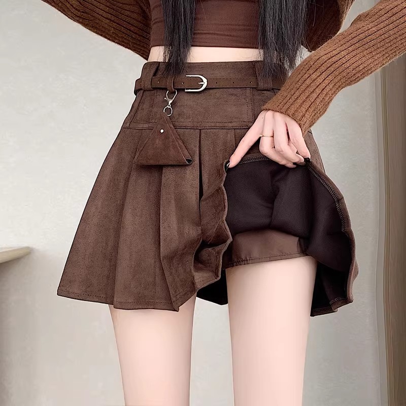 咖色鹿皮绒百褶半身裙女秋冬2025新款小个子高腰显瘦a字辣妹短裙