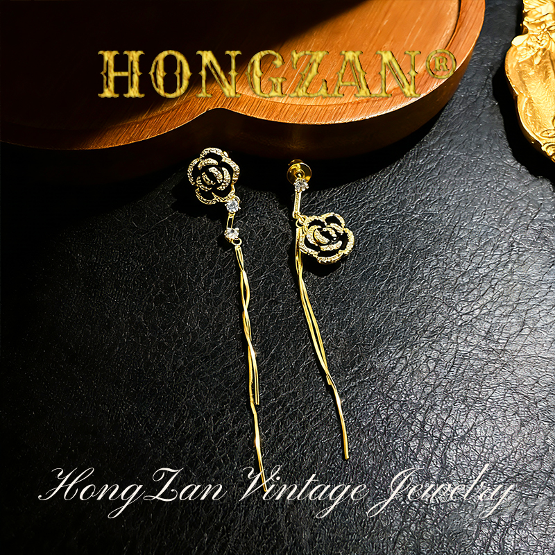铜合金亚克力耳饰 HONGZAN [黑茶流苏] 时尚百搭镀K耳钉 ES117
