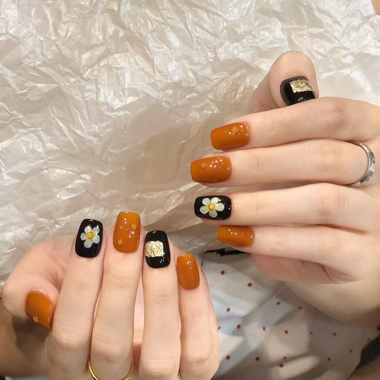 喵公子【焦糖花信】【设计师款】纯手工穿戴甲可拆卸美甲光疗甲 