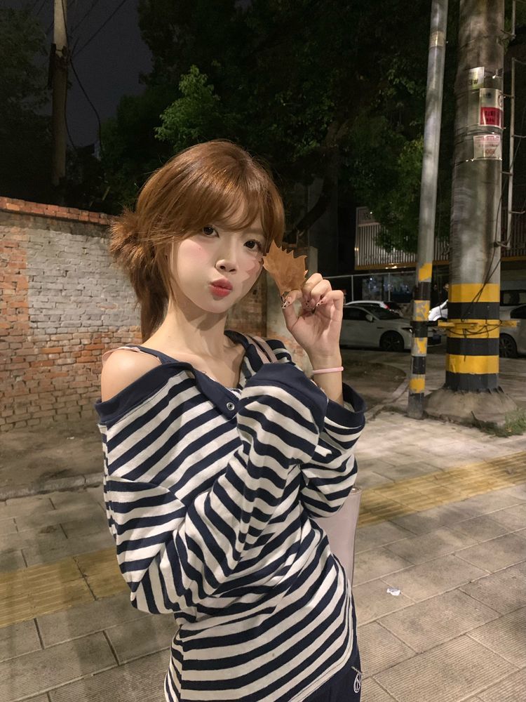 韩系条纹假两件长袖t恤女秋季2025新款修身显瘦慵懒甜辣妹上衣潮