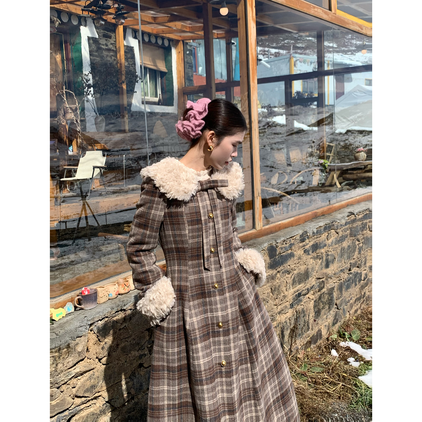 法式复古优雅气质格子外套大衣女秋冬百搭加厚新款67503