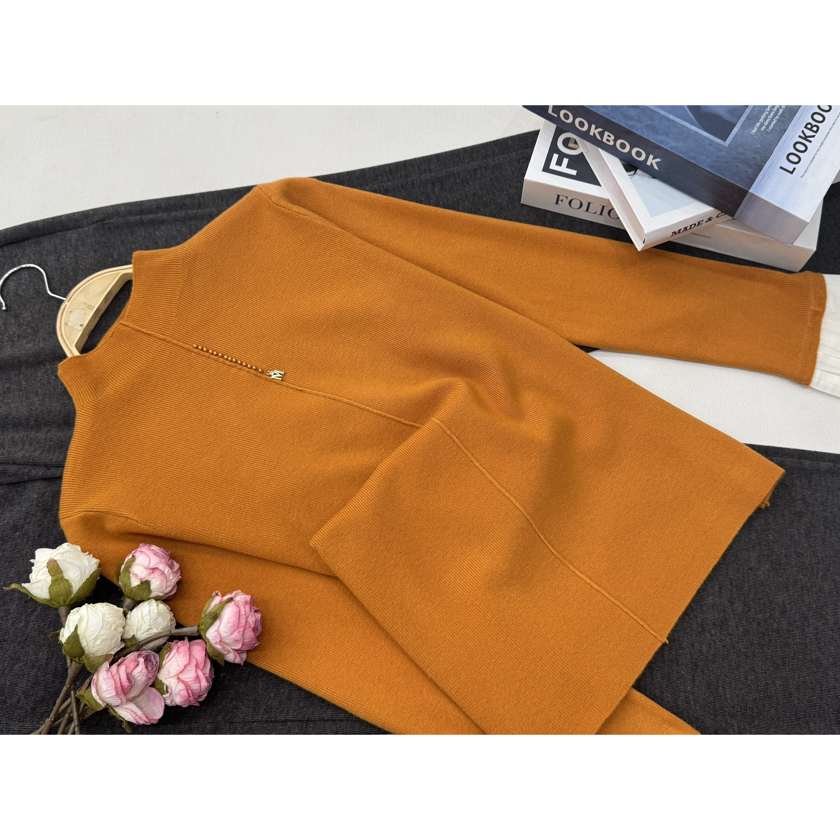 【橘色百褶袖套头】早秋新款时尚长袖针织上衣QC5946