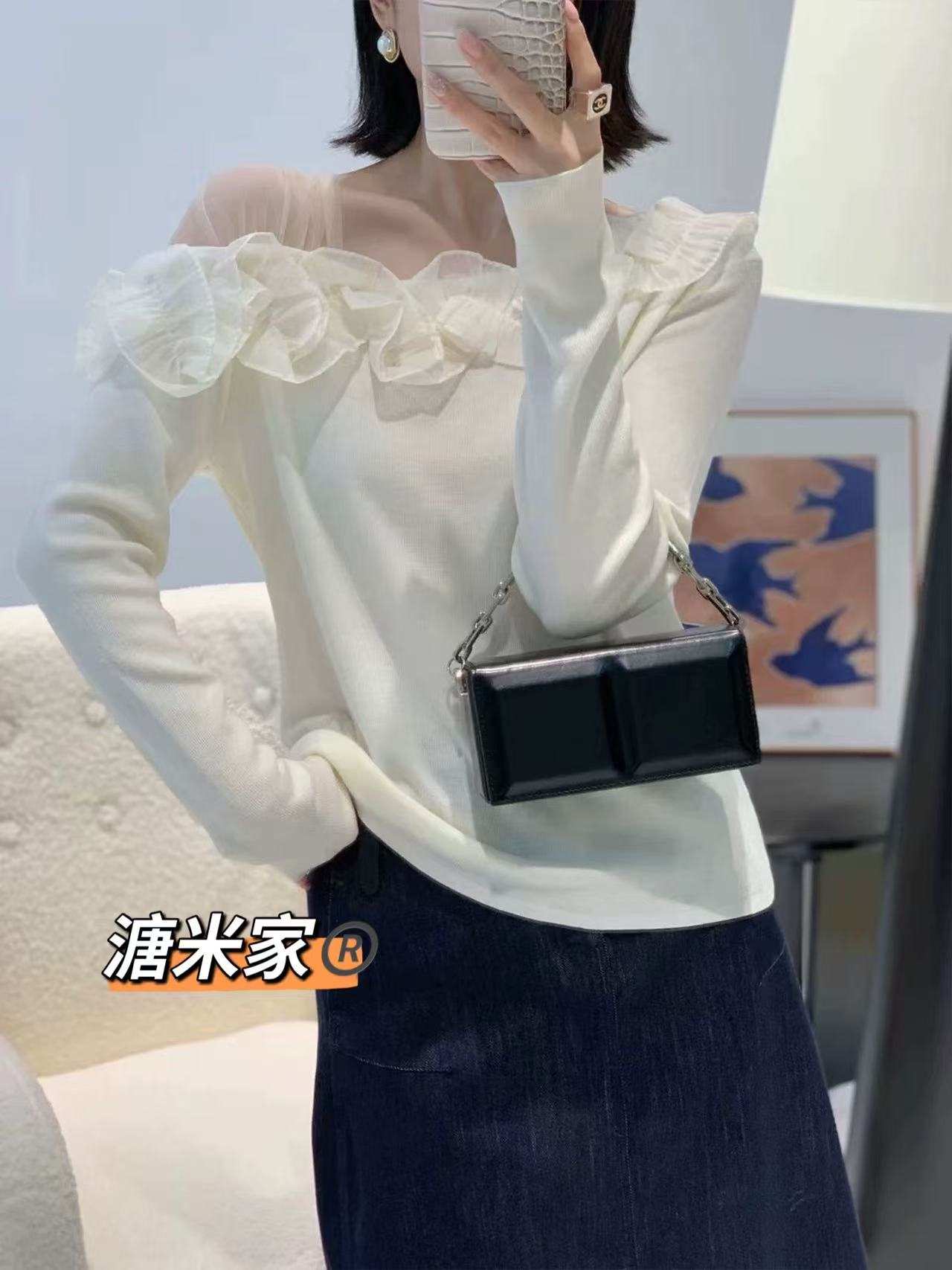 韩版气质蕾丝网纱花边拼接斜领女人味针织毛衫