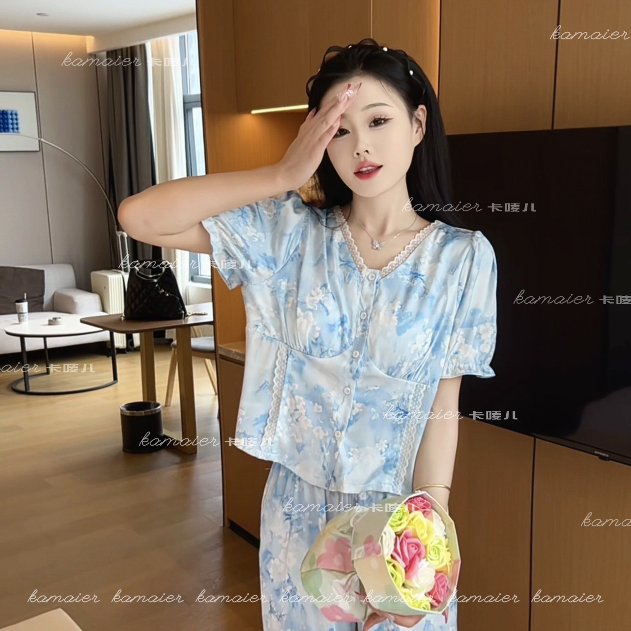 （融融雪顶）夏季气质睡衣亲肤套装家居服女带胸垫可外穿蕾丝蓝色