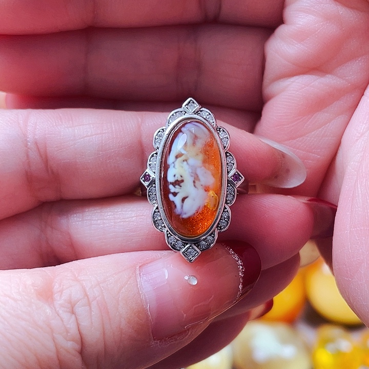 琥珀颈饰银S925镶嵌戒指