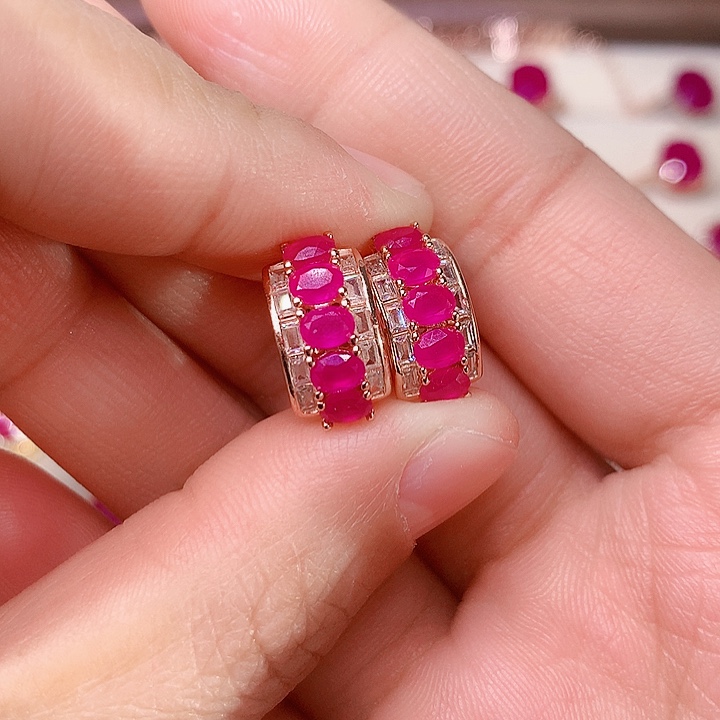 红宝石耳饰银S925镶嵌