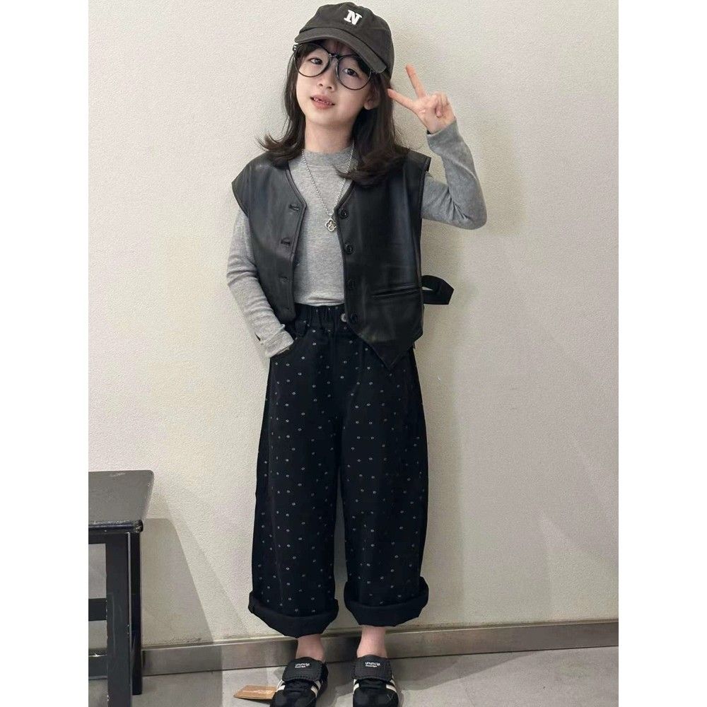 韩国童装2024新款秋装女童套装儿童时髦打底衫爆款皮衣马甲牛仔裤