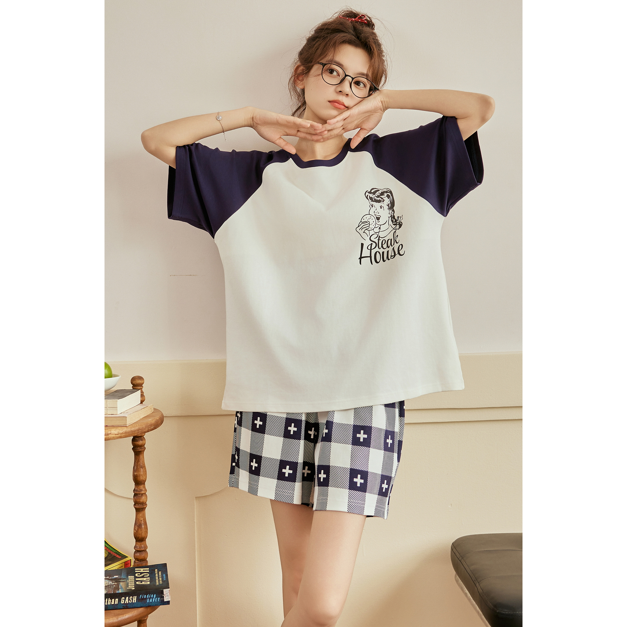 睡衣女款夏季2025新款带胸垫卡通可爱少女短袖短裤家居服纯棉大码