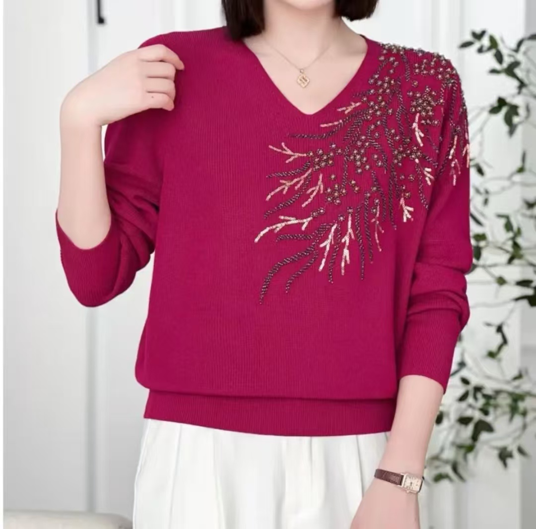 新款柳叶串珠冬季加厚针织衫毛衣妈妈装洋气时髦针织衫中老年女装