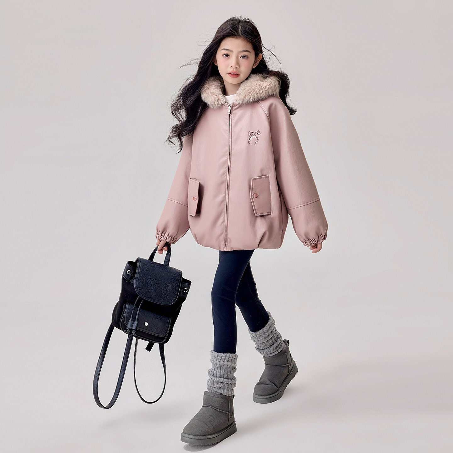 25WT232女童两面穿加绒皮衣外套2025秋冬新款女孩洋气冬装棉服