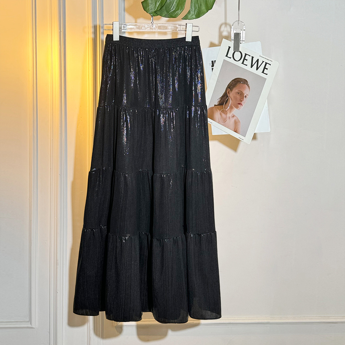 【小铃铛】白鹿语浪漫百搭高腰橡筋腰细闪褶皱长款半身裙YU10338