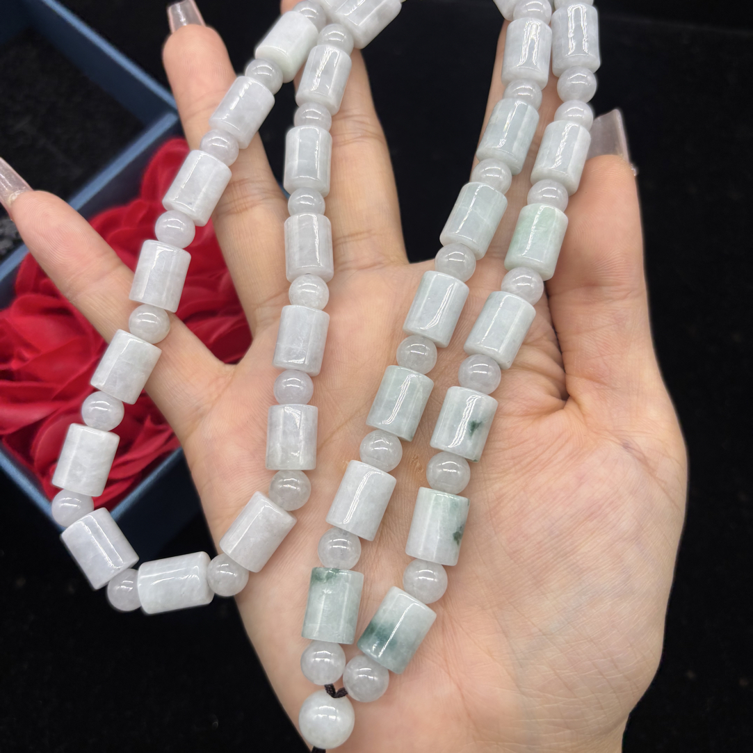 天然缅甸A货翡翠糯种飘花桶珠9mm玉石挂件绳毛衣链珠子需要包容