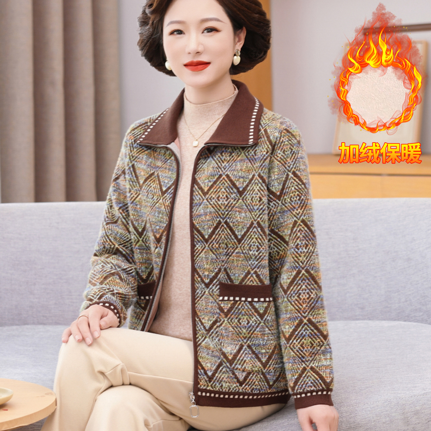 加绒加厚妈妈装秋冬新款外套洋气中老年女装母亲衣服冬装保暖上衣