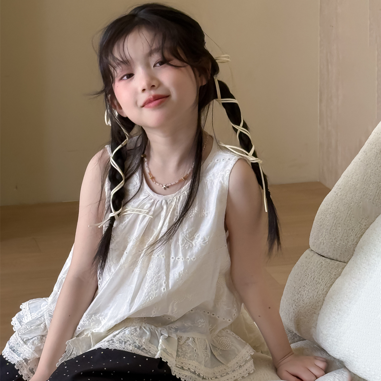 LJ-71768-童装女童背心上衣2025新款韩系设计款无袖背心夏装潮